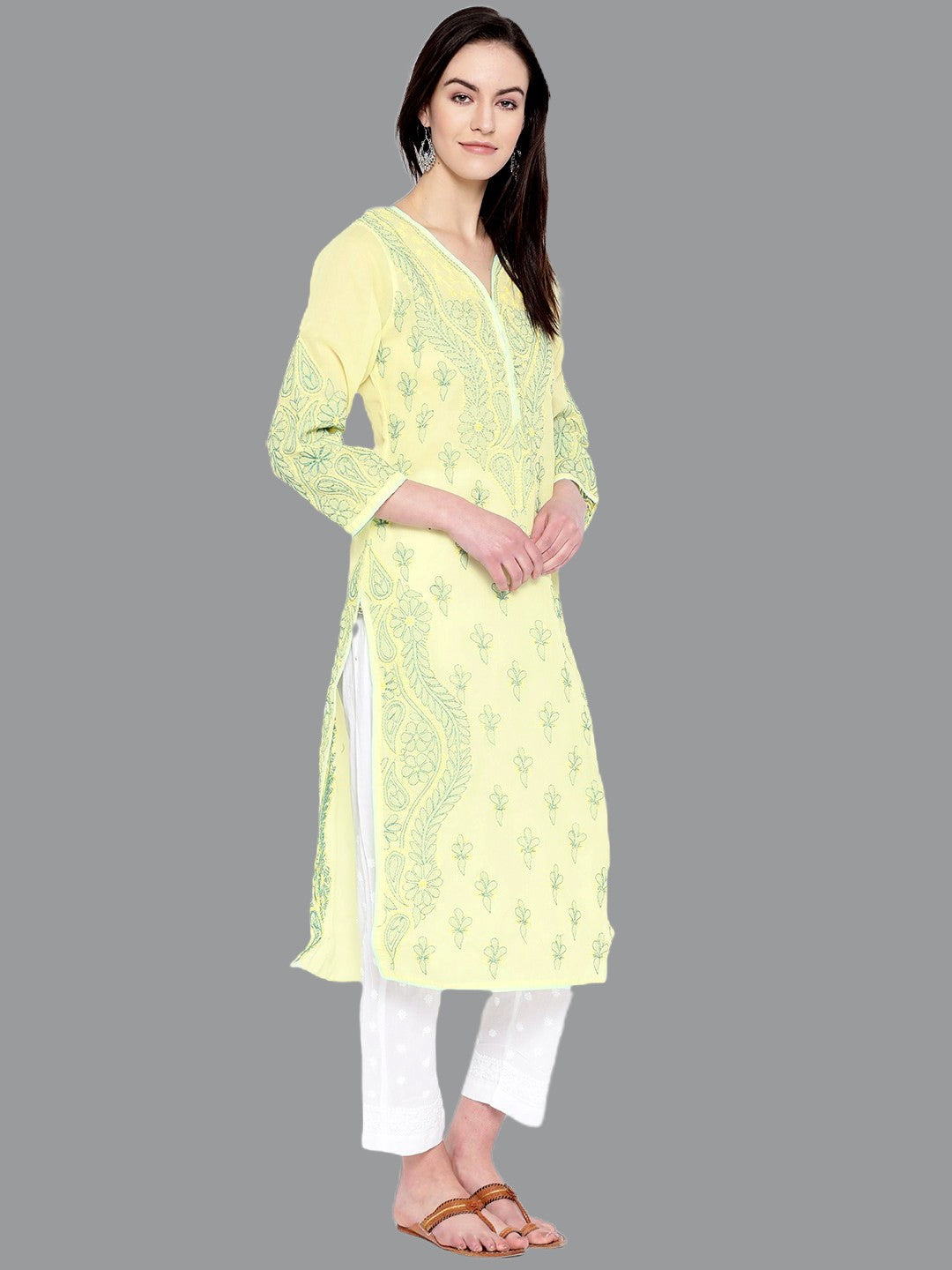 Ada Hand Embroidered Lemon Cotton Lucknow Chikankari Kurta with Palazzo Set A100228