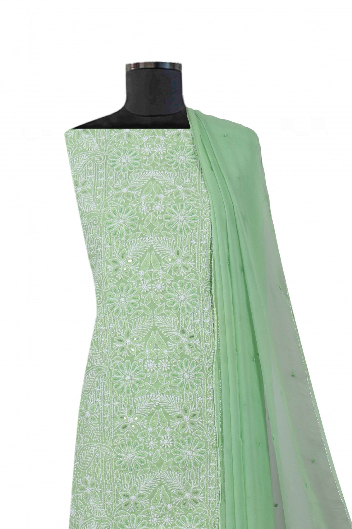 Ada Hand Embroidered Green Cotton Lucknowi Chikankari Unstitched Suit Piece With Pearl Work A620498