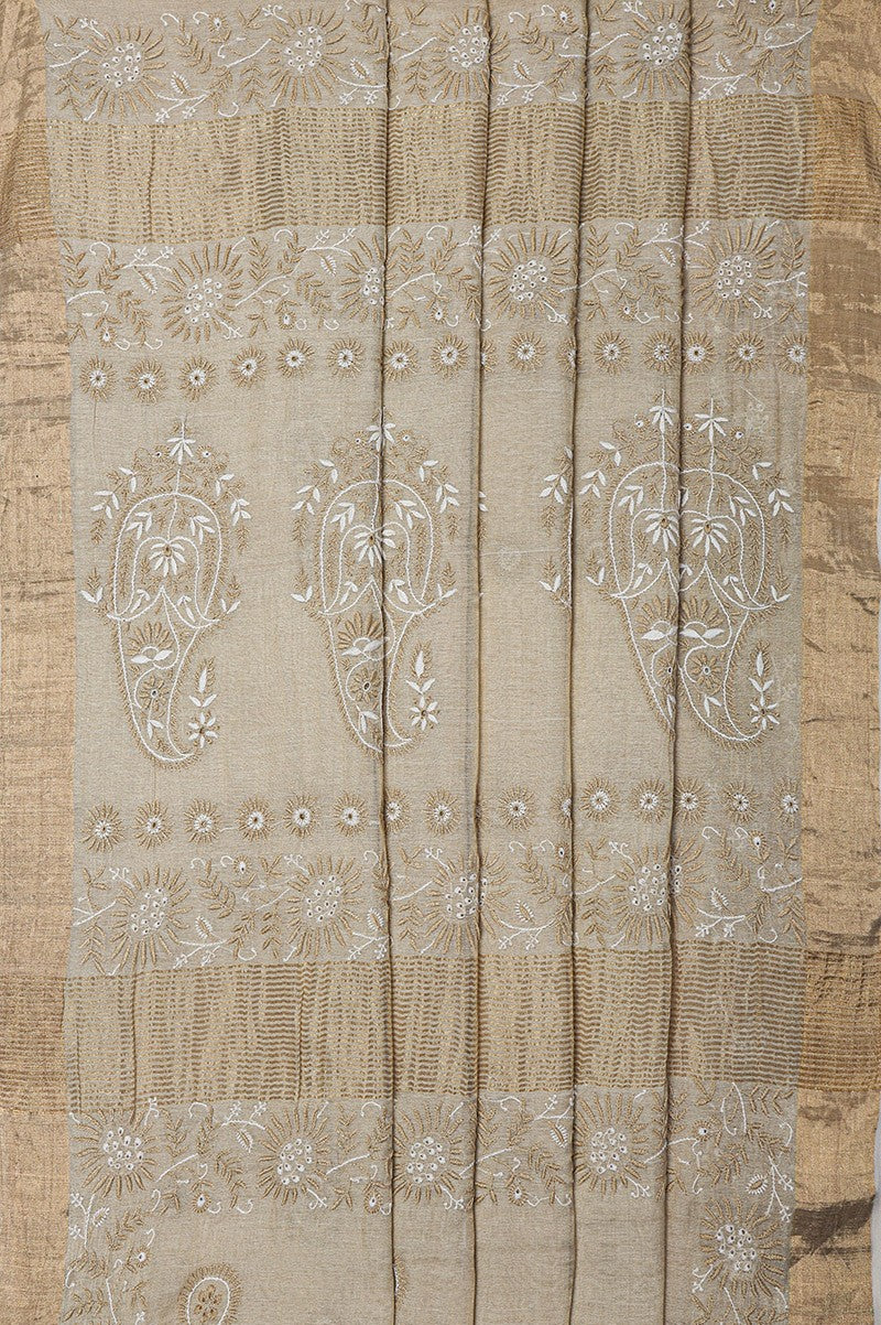 Ada Hand Embroidered Natural Fawn Tissue Lucknowi Chikankari Saree With Blouse A615145