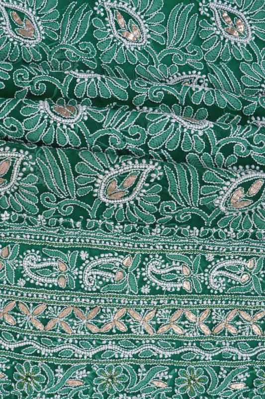 Ada Hand Embroidered Forest Green Georgette Lucknowi Chikan Unstitched Kurta Piece With Gota Patti Work A175148