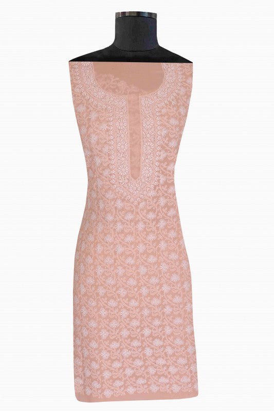 Ada Hand Embroidered Peach Pure Georgette Lucknowi Chikankari Unstitched Kurta Piece A21478