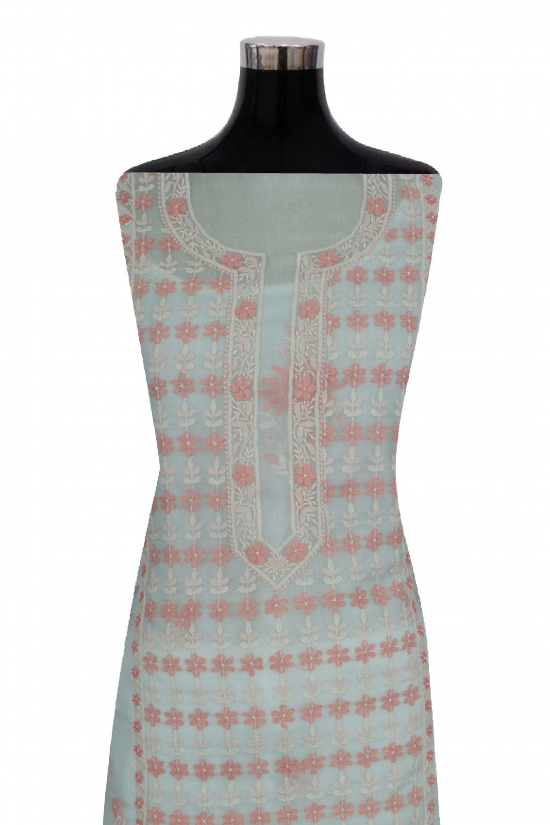 Ada Hand Embroidered Pista Green Organza Lucknowi Chikankari Unstitched Kurta Dupatta Set 01A250933