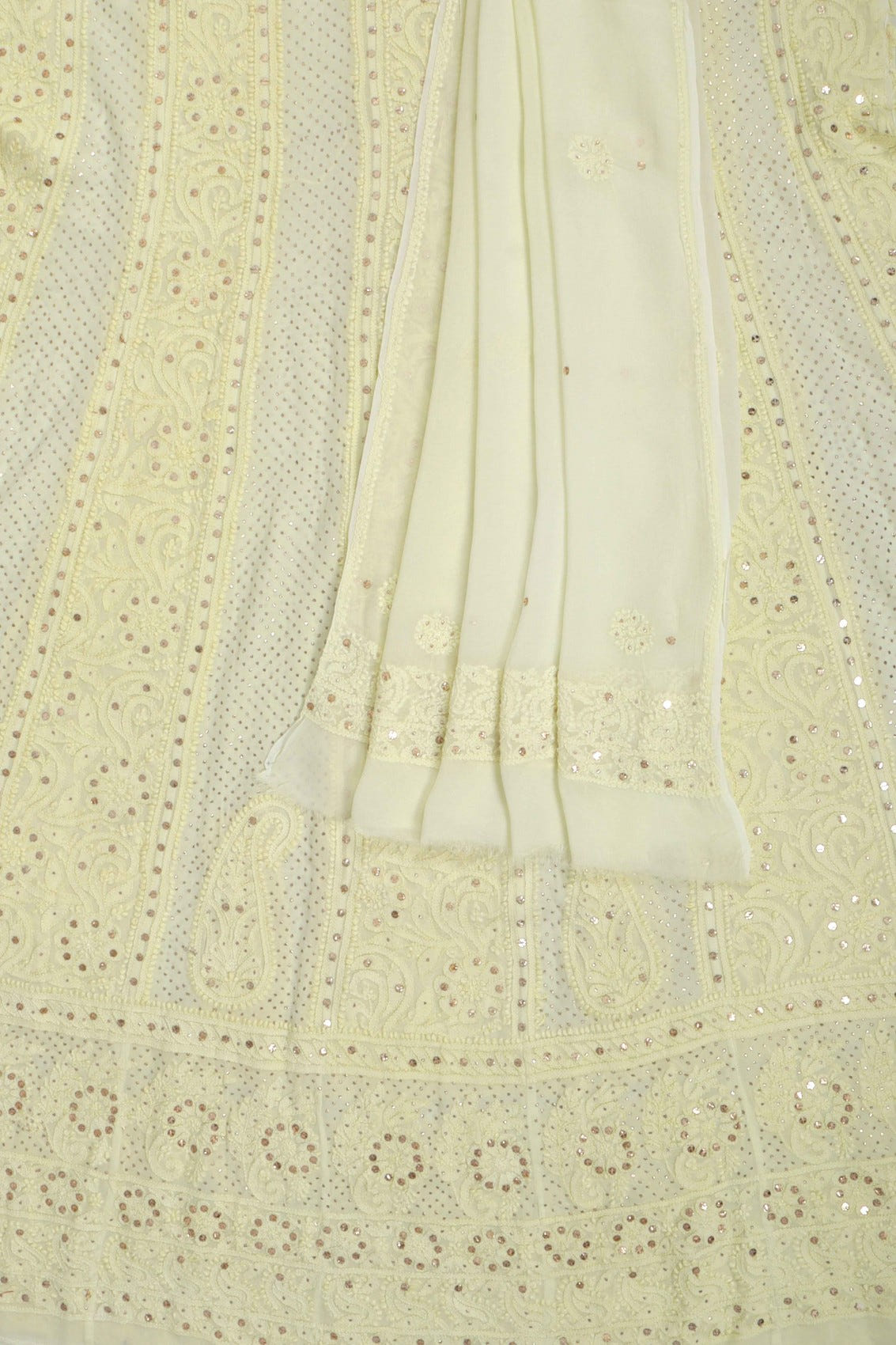 Ada Hand Embroidered Lemon Georgette Lucknowi Chikankari Semi-Stitched Anarkali Kurta Dupatta Set With Muqaish Work 01A132754