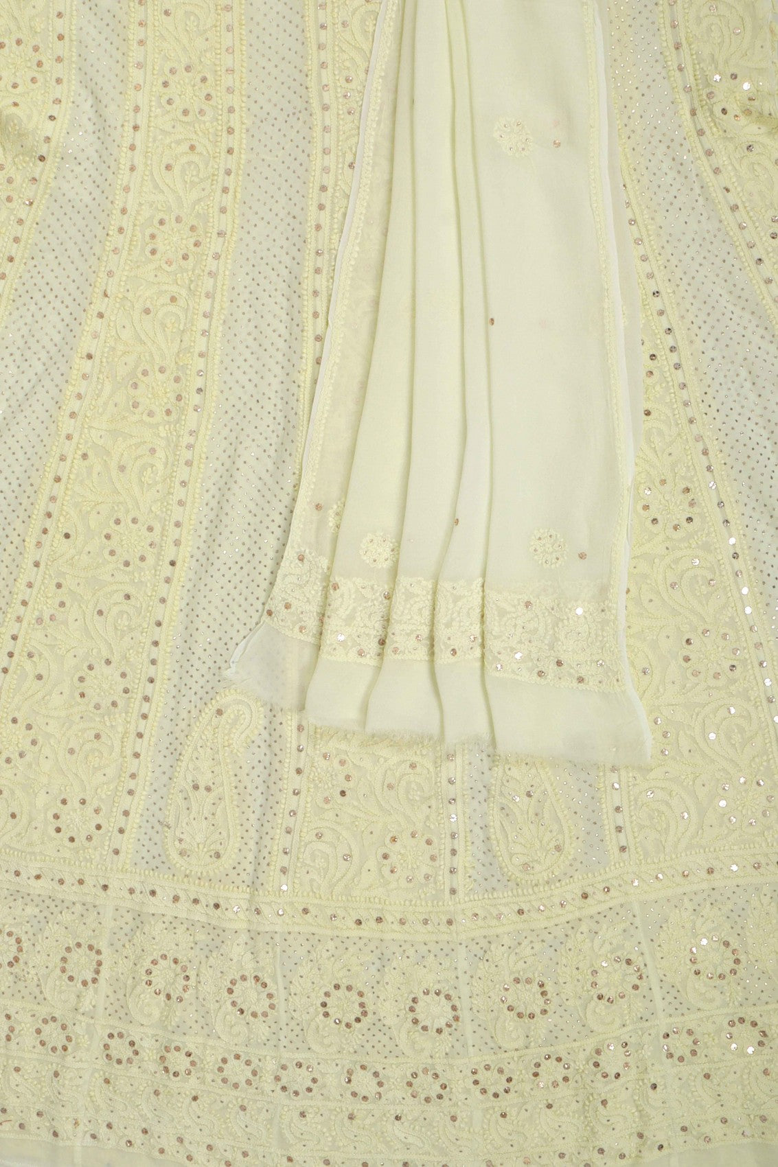 Ada Hand Embroidered Lemon Georgette Lucknowi Chikankari Semi-Stitched Anarkali Kurta Dupatta Set With Muqaish Work 01A132754