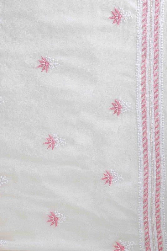 Ada Hand Embroidered White Pure Georgette Lucknowi Chikan Unstitched Kurta Dupatta Set with Pearl Work A615370