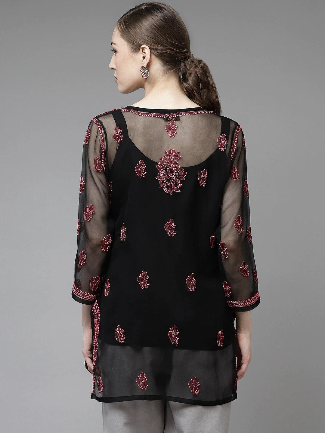 Ada Hand Embroidered Black Georgette Lucknow Chikan Kurti with slip A911136
