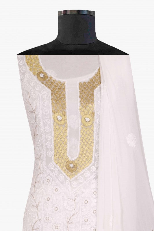 Ada Hand Embroidered White Georgette Lucknowi Chikan Unstitched Kurta Dupatta Set With Pearl Work A579385