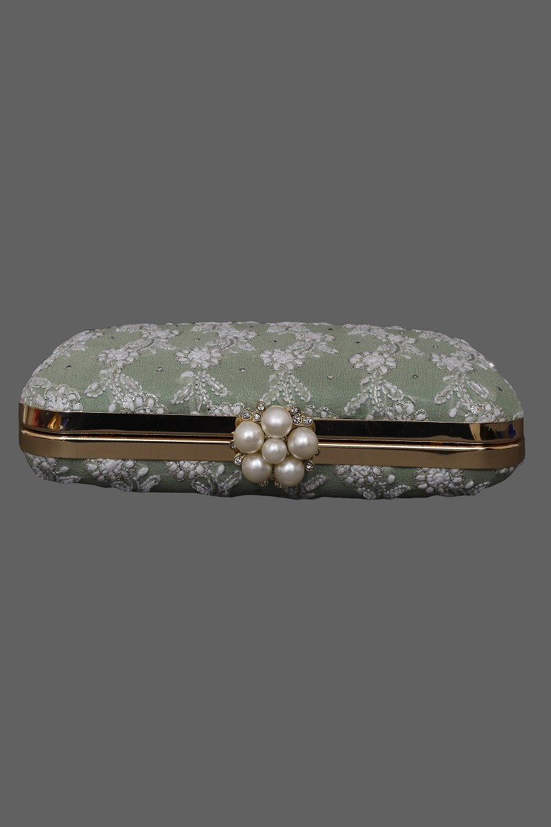 Ada Hand Embroidered Green Pure Georgette Lucknow Chikankari Clutch With Muqaish Work- A602046