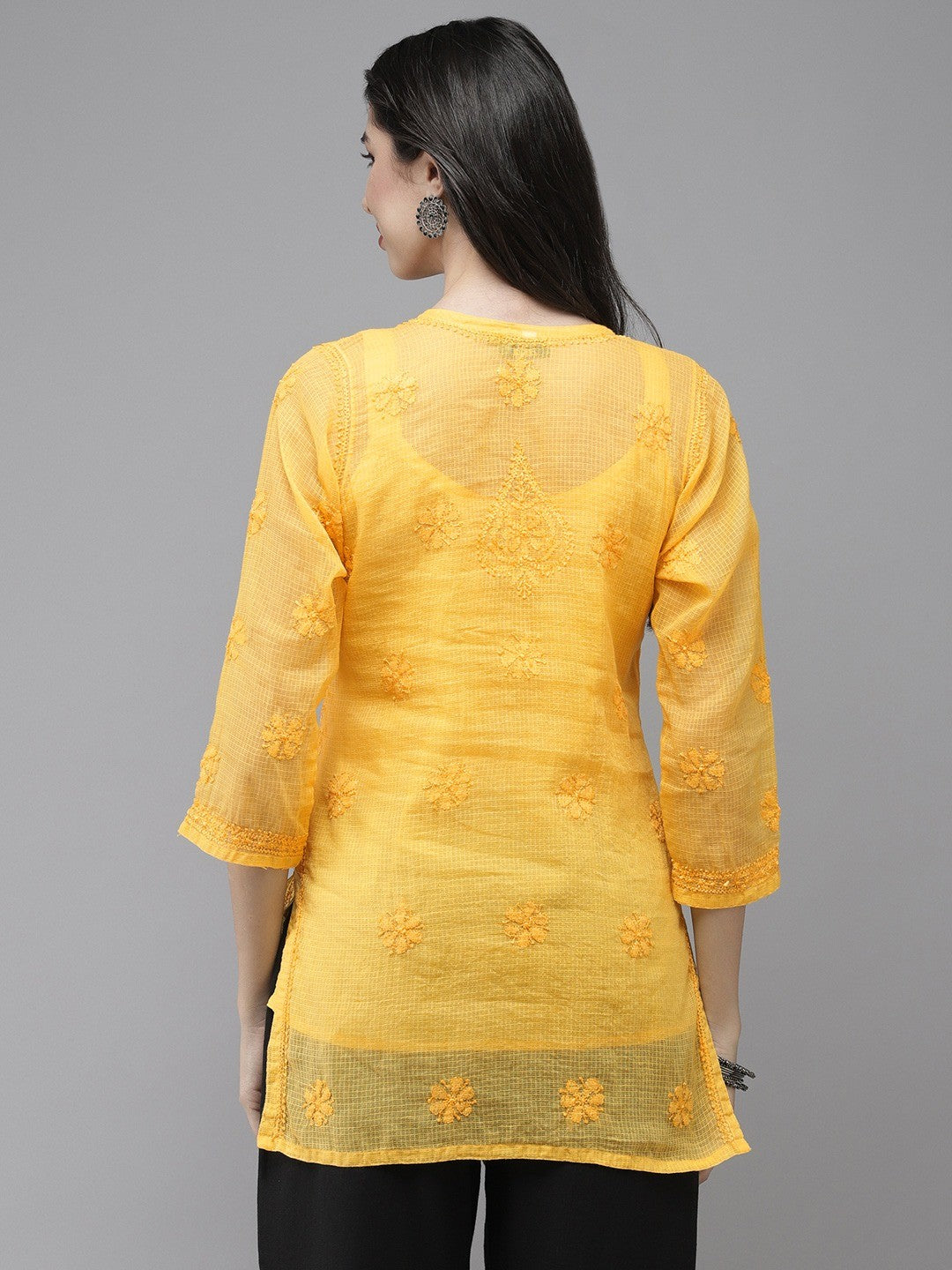 Ada Hand Embroidered Yellow Kota Lucknowi Chikankari Short Kurti With Slip A911179