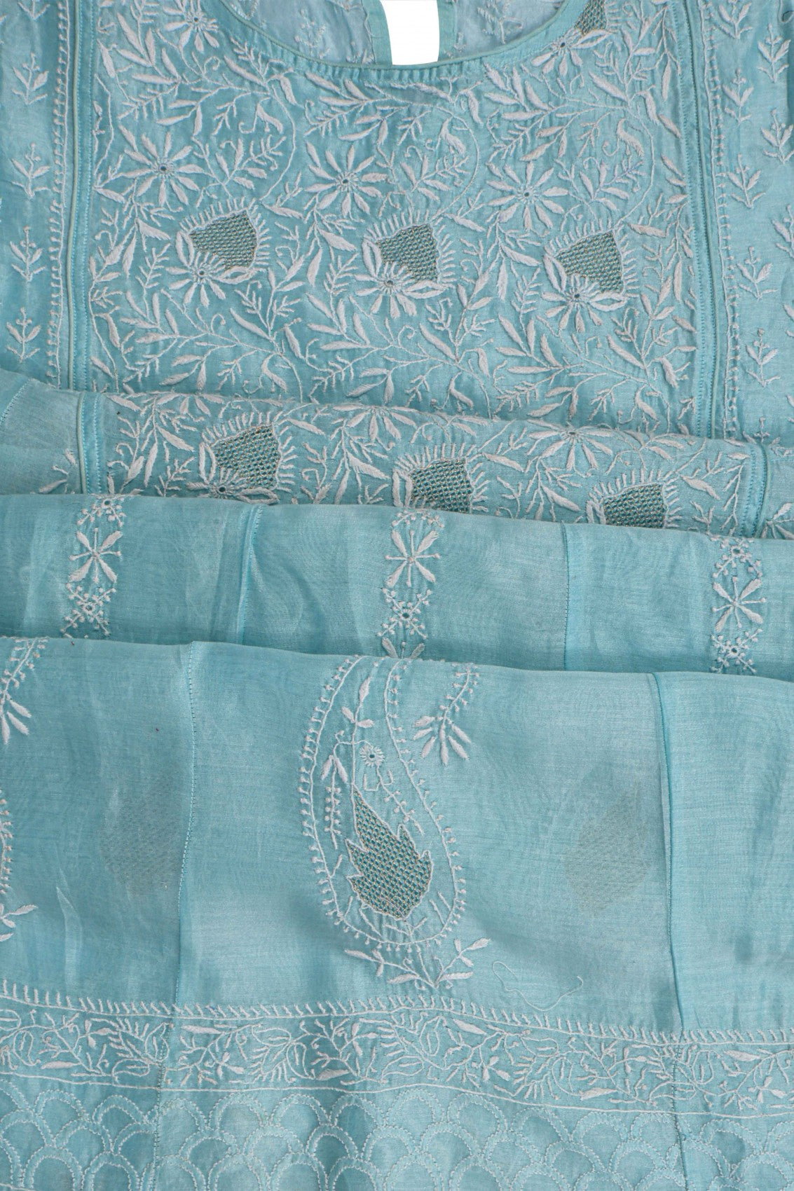 Ada Hand Embroidered Sky Blue Chanderi Lucknowi Chikankari Semi-Stitched Anarkali Kurta Dupatta Set With Zari Work 01A205817