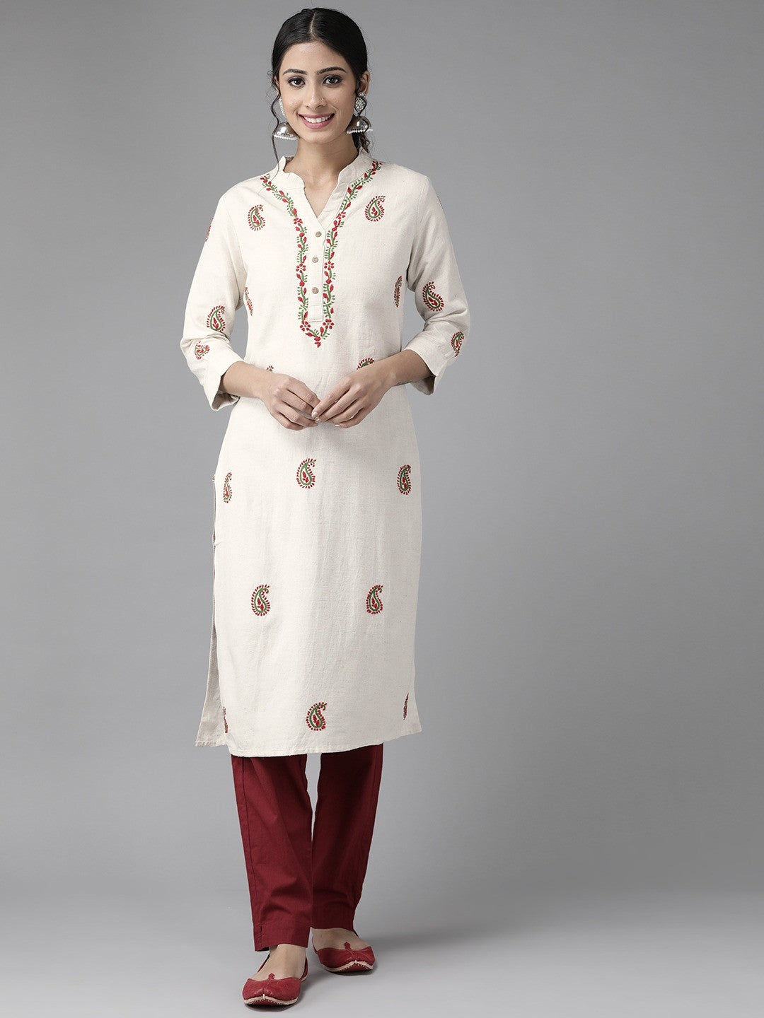 Ada Hand Embroidered Off White Khadi Lucknowi Chikankari Straight Kurta A411173
