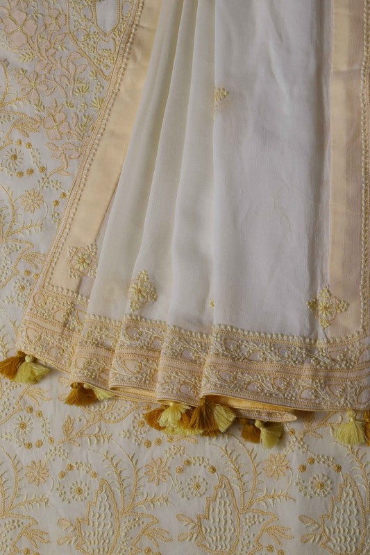 Ada Hand Embroidered Cream Georgette Lucknowi Chikan Unstitched Kurta Dupatta Set A191281