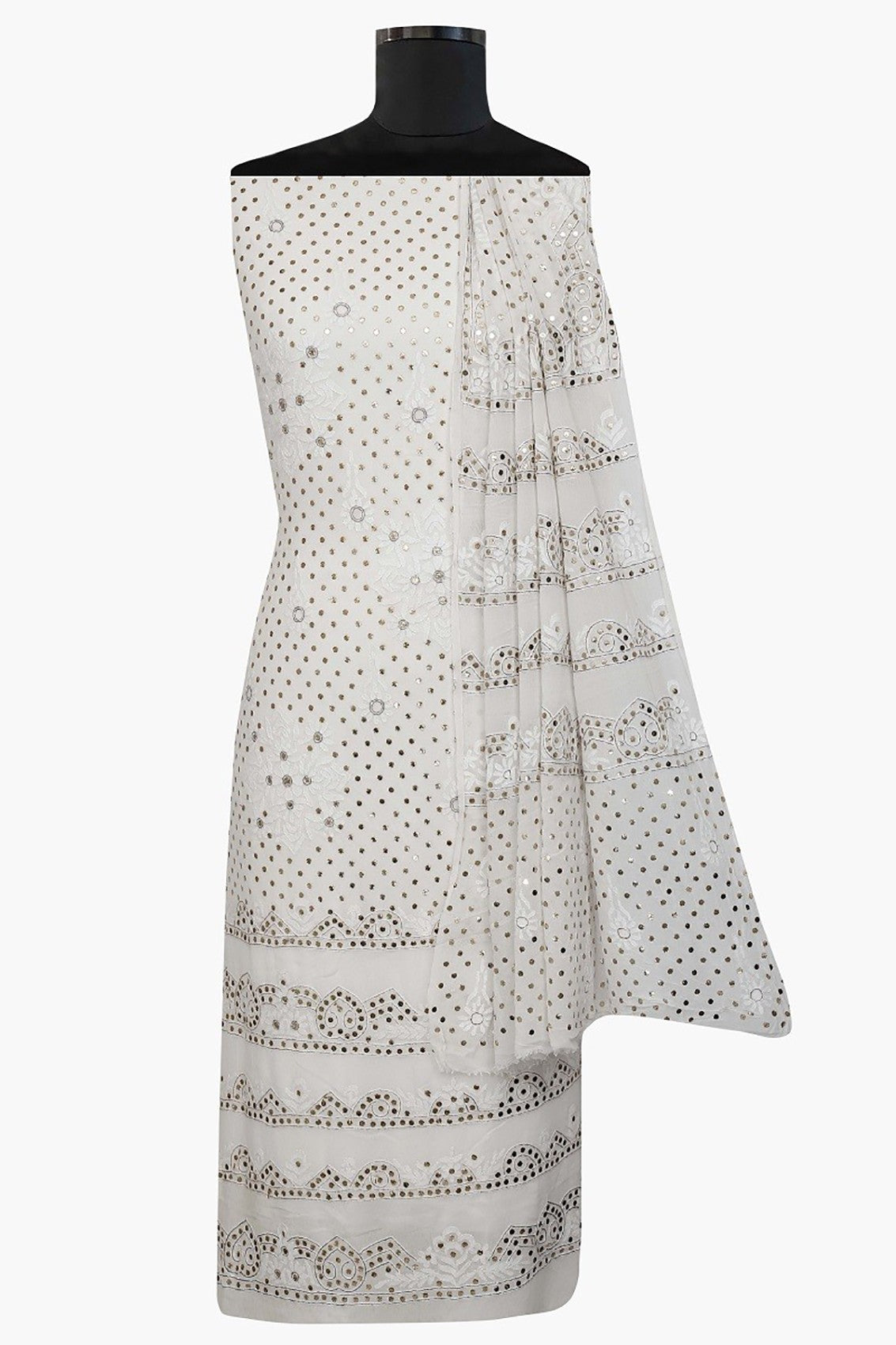 Ada Hand Embroidered White Pure Georgette Lucknowi Chikankari Unstitched Kurta Dupatta Set With Muqaish Work A414396
