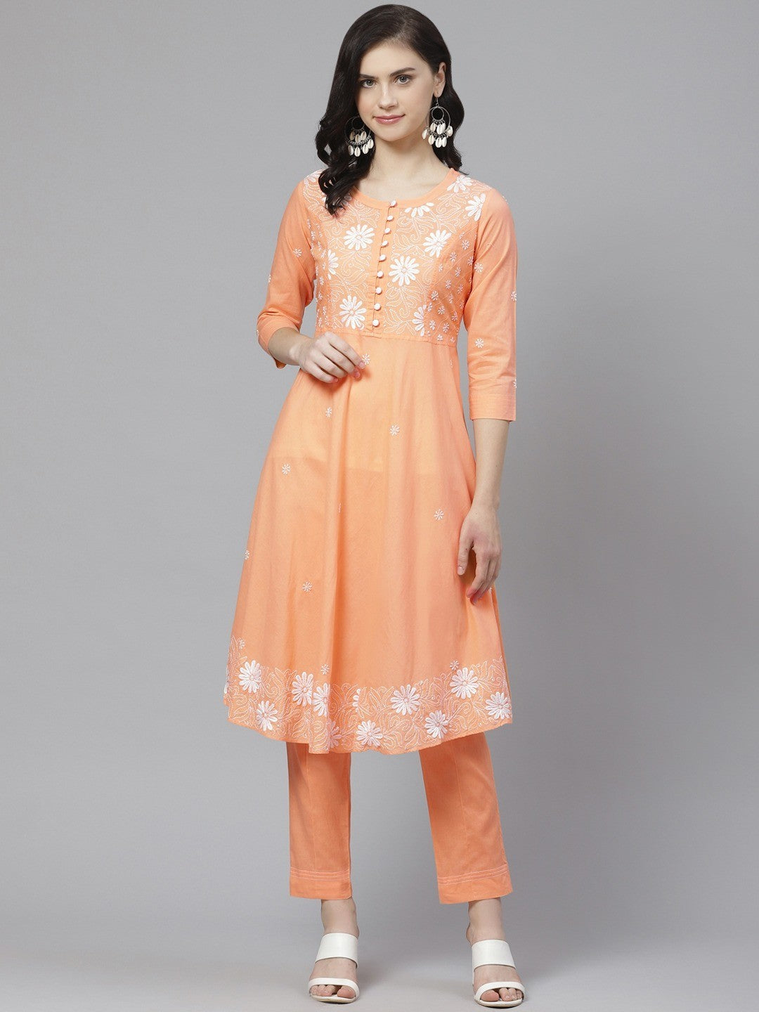 Ada Hand Embroidered Peach Cotton Lucknowi Chikankari Kurta with Trouser Set A100335