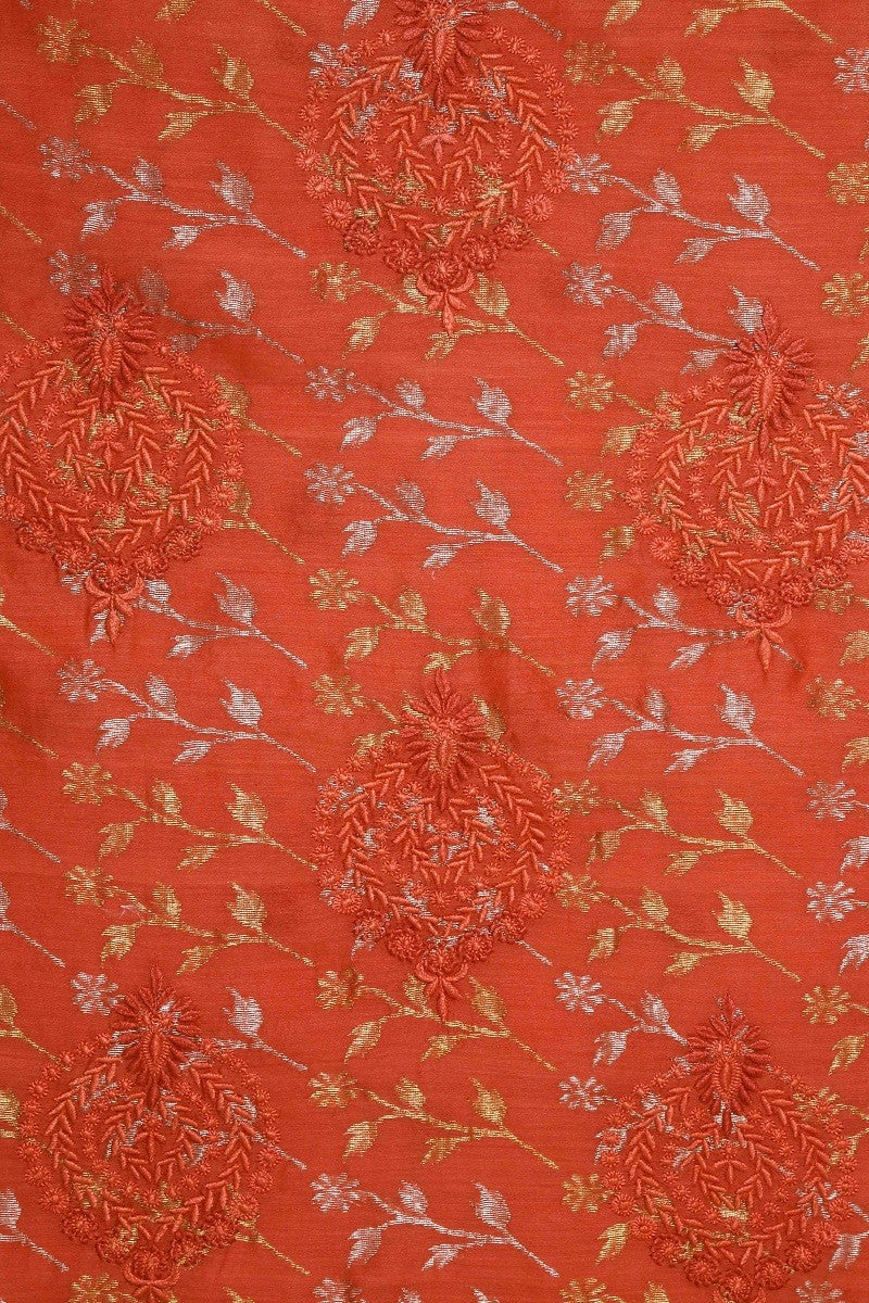 Ada Hand Embroidered Rust Chanderi Lucknowi Chikankari Saree With Blouse A291932