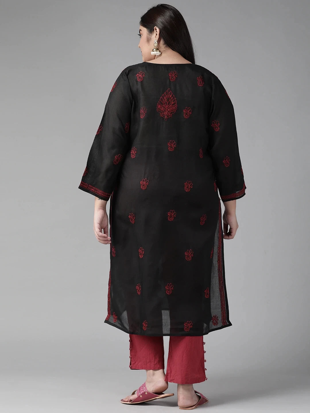 Ada Hand Embroidered Black Cotton Lucknowi Chikankari Straight Kurta A100407