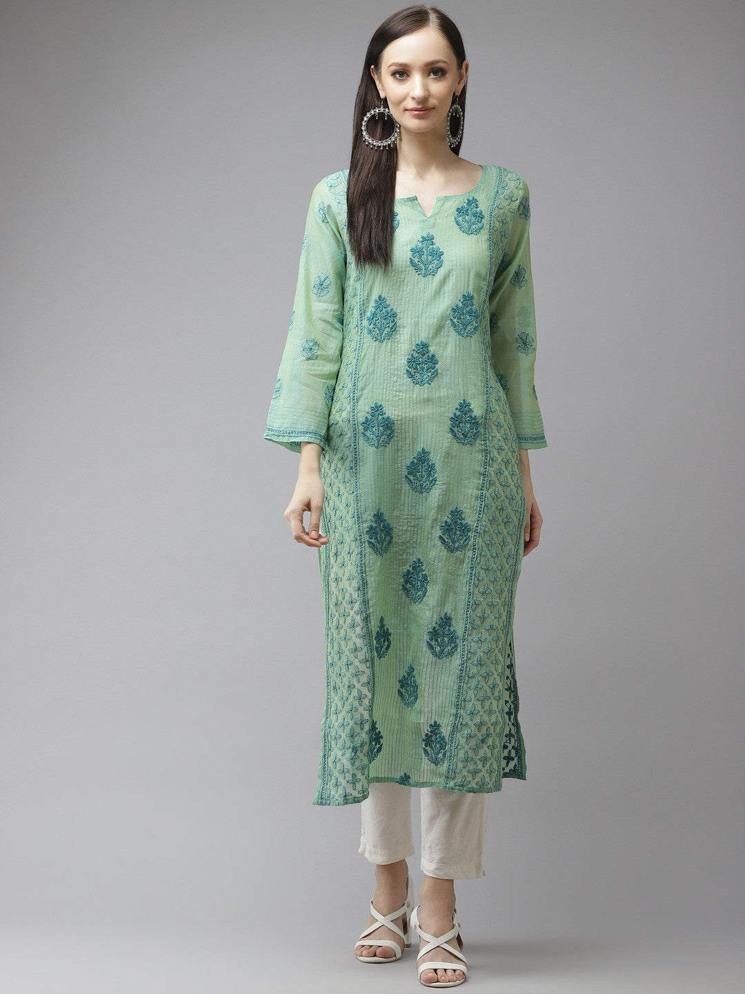 Ada Hand Embroidered Sea Green Chanderi Lucknow Chikankari Kurta-A411315