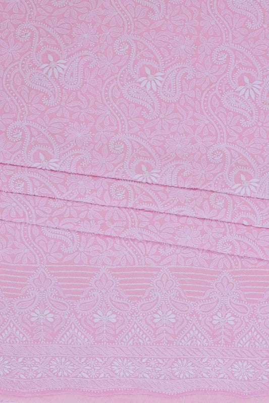 Ada Hand Embroidered Onion Pink Pure Georgette Lucknowi Chikan Unstitched Kurta Dupatta Set with Pearl Work A609230