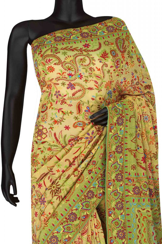 Ada Hand Embroidered Yellow And Green Shaded Pure Georgette Lucknowi Chikankari Saree With Blouse- A149764