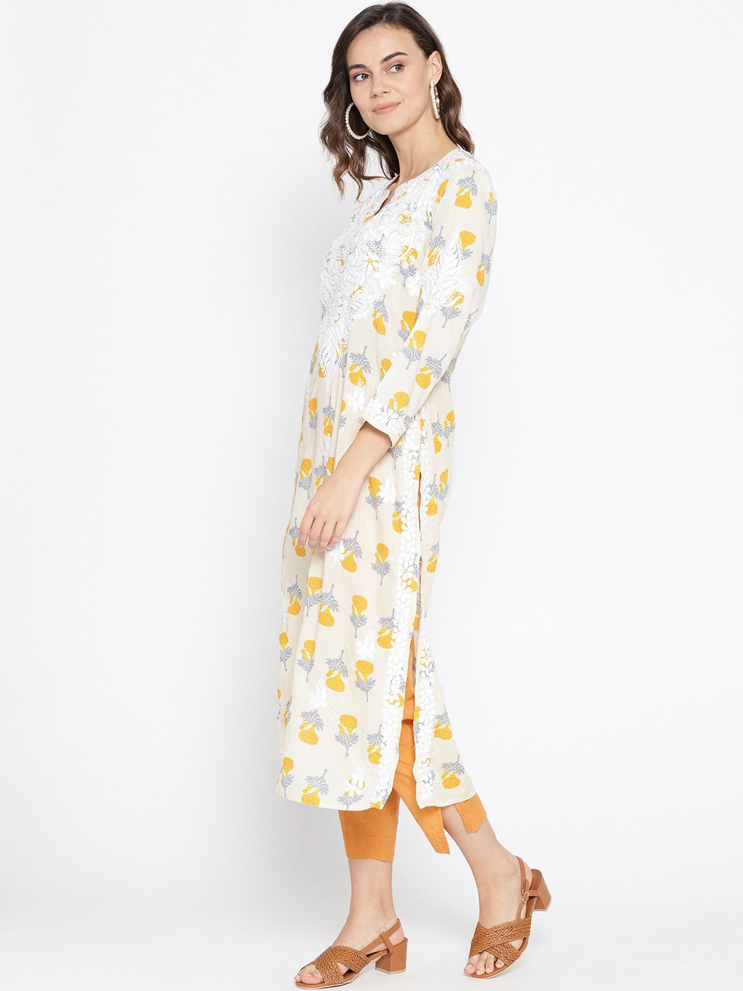 Ada Hand Embroidered Fawn Yellow Cotton Lucknow Chikankari Kurta- A100027