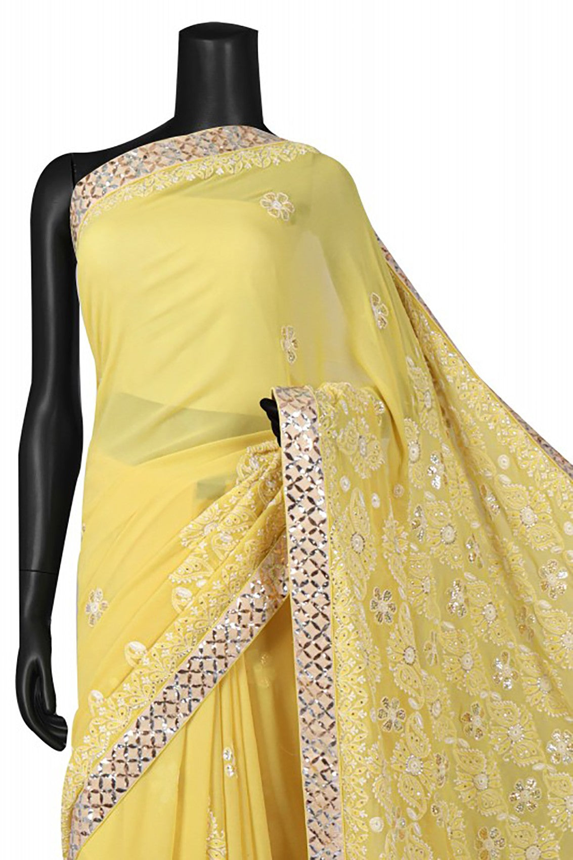 Ada Hand Embroidered Yellow Pure Georgette Lucknowi Chikankari Saree/Blouse With Muqaish Work 01A112478