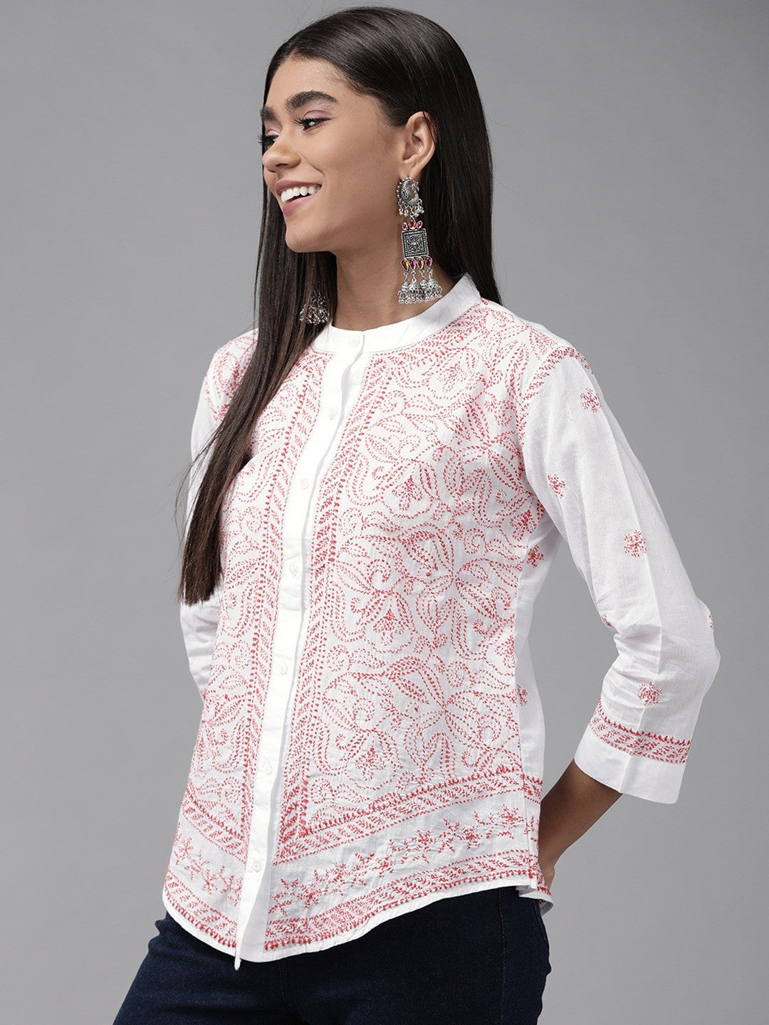 Ada Hand Embroidered White Cotton Lucknowi Chikankari Shirt A911245