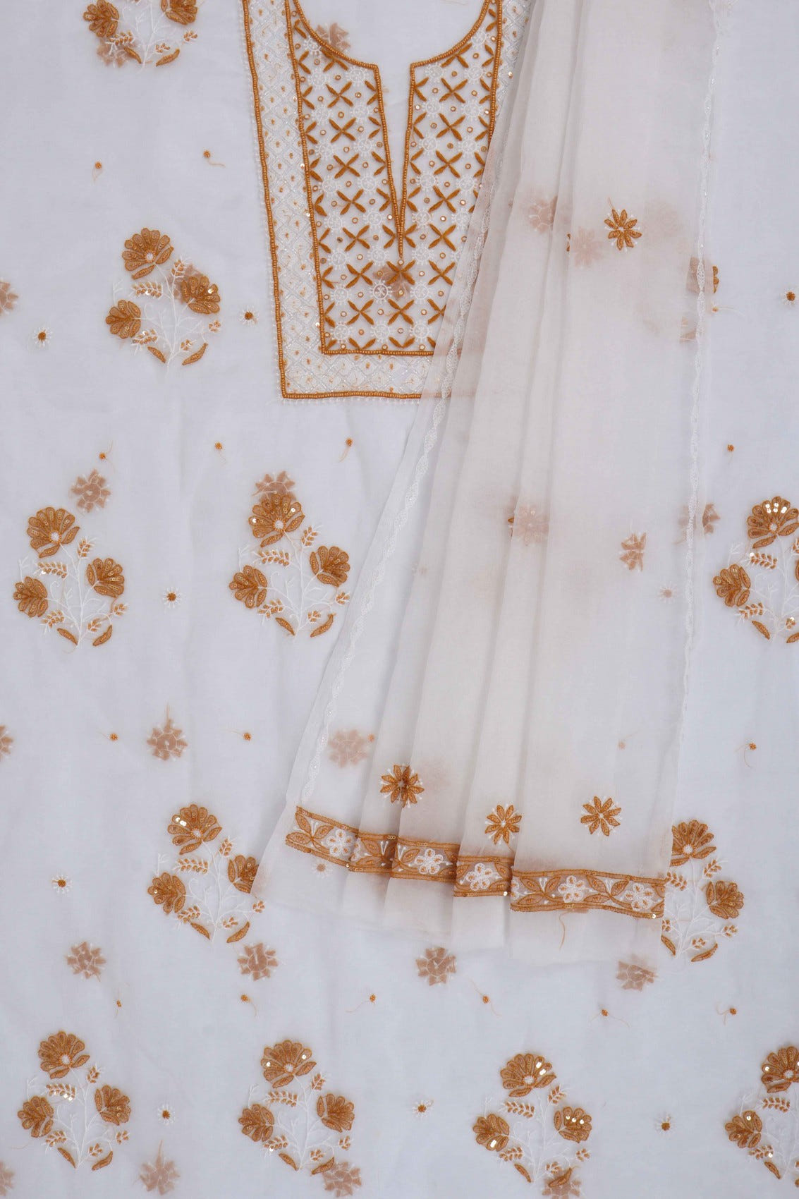 Ada Hand Embroidered White Organza Lucknowi Chikankari Unstitched Kurta Dupatta Set With Pearl Work 01A91594