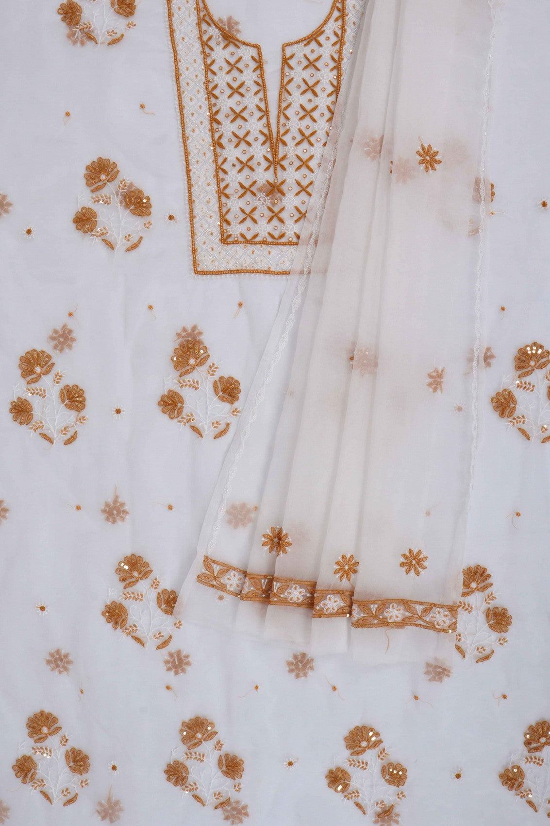 Ada Hand Embroidered White Organza Lucknowi Chikankari Unstitched Kurta Dupatta Set With Pearl Work 01A91594