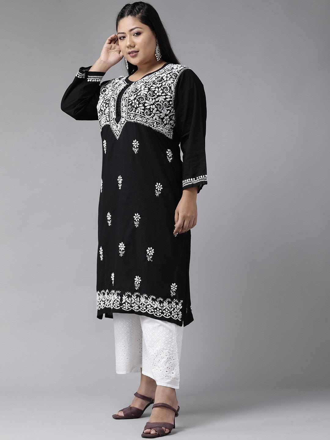 Ada Hand Embroidered Black Cotton Lucknowi Chikankari Straight Kurta A341075