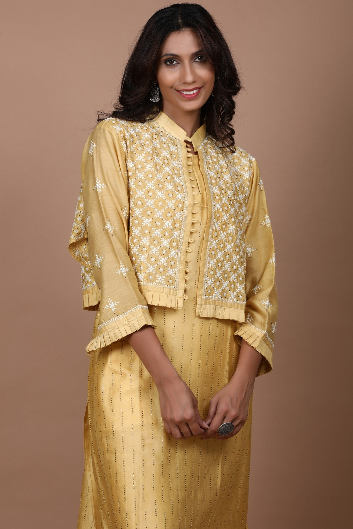 Ada Hand Embroidered Fawn Chanderi Lucknowi Chikankari Semi-Stitched Kurta/Jacket With Muqaish Work A597291