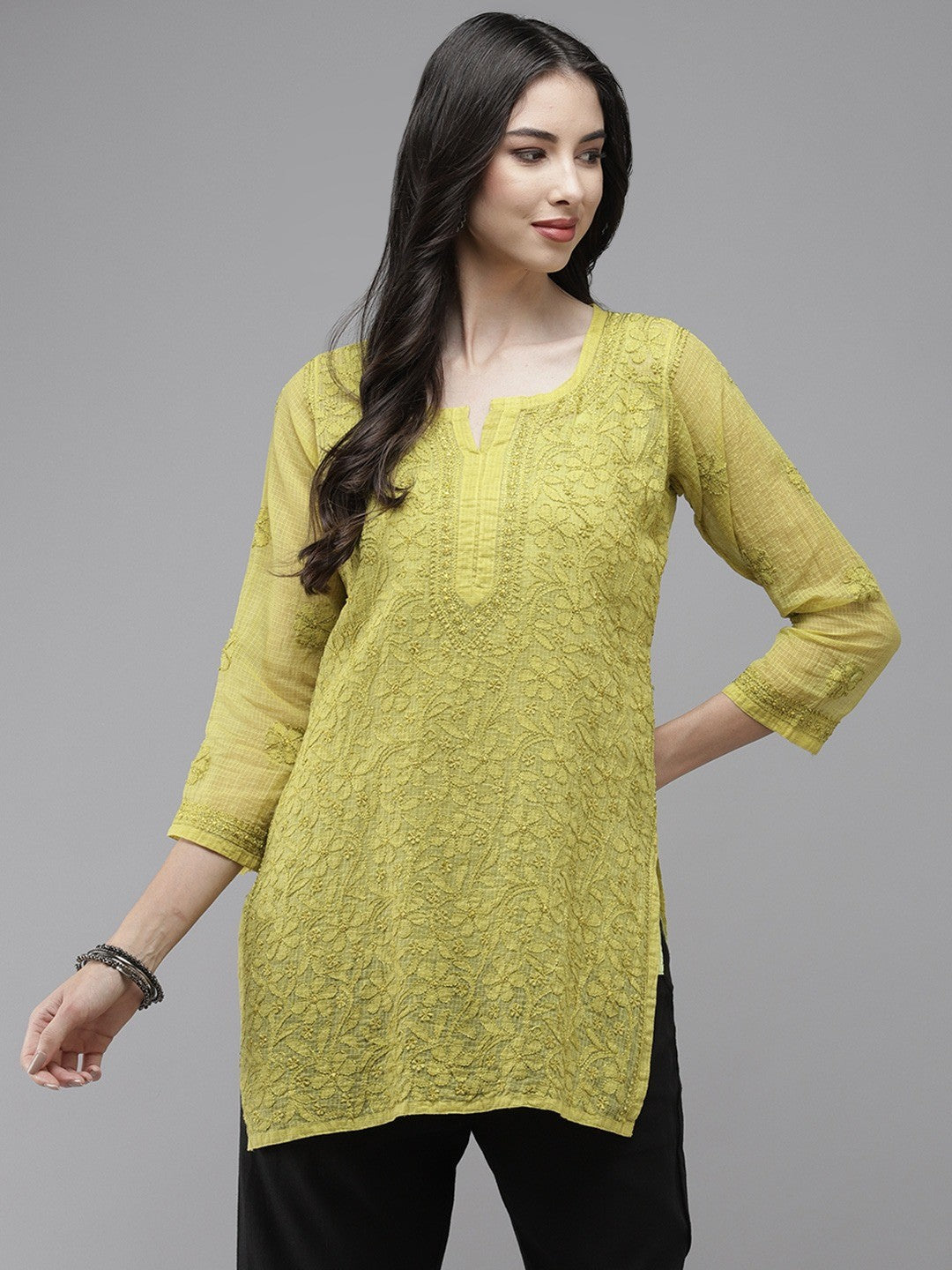Ada Hand Embroidered Lime Green Kota Lucknowi Chikankari Short Kurti With Slip A911178
