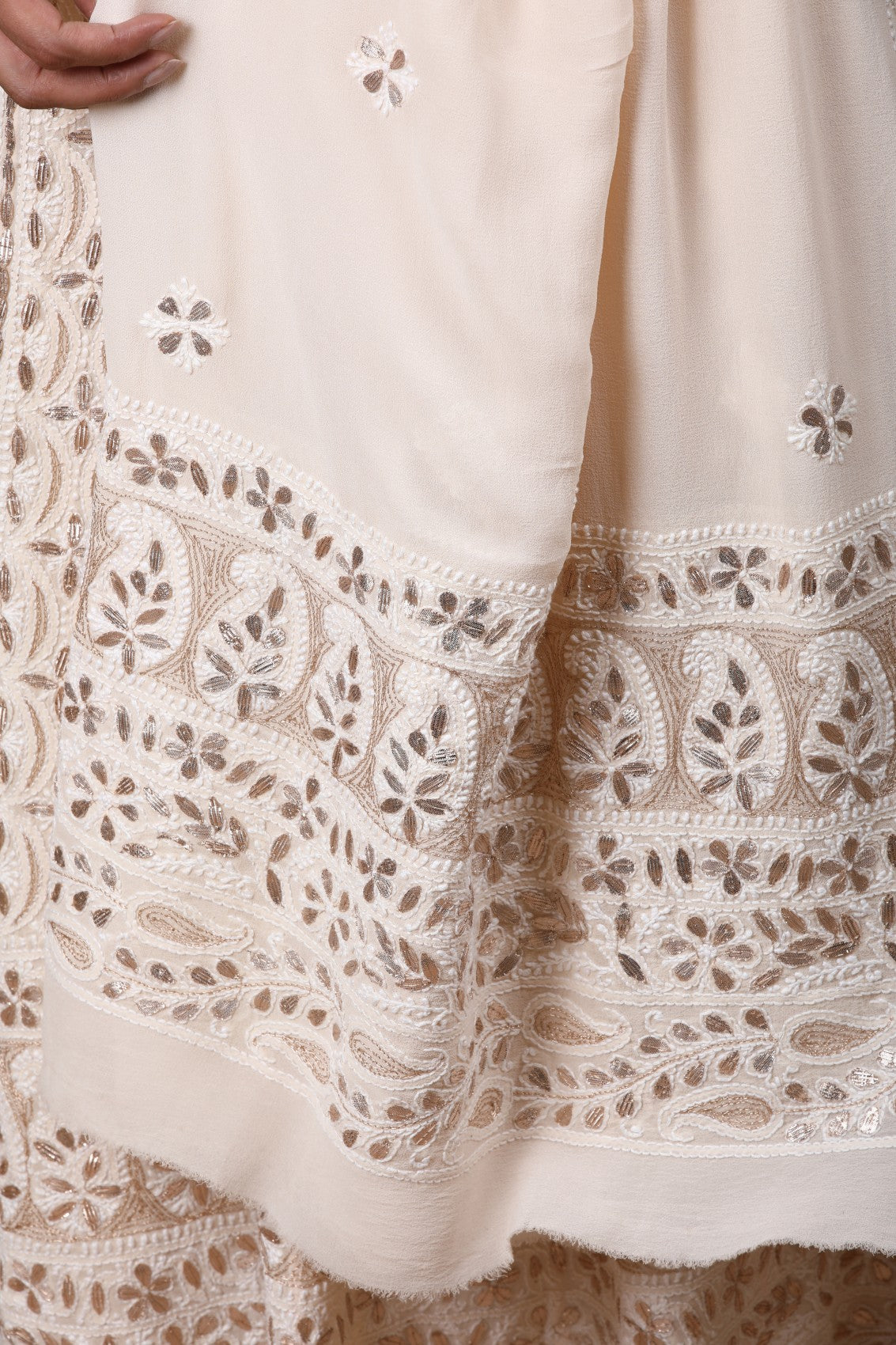 Ada Hand Embroidered Cream Pure Georgette Lucknowi Chikankari Semi-Stitched Anarkali Kurta Dupatta Set With Gota Patti Work 01A174899