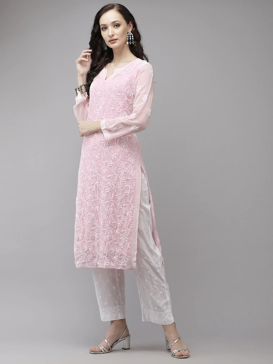 Ada Hand Embroidered Pink Georgette Lucknowi Chikankari Kurta Set with Slip A811217