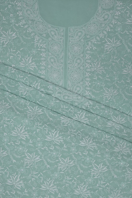 Ada Hand Embroidered Sea Green Pure Georgette Chikan Unstitched Suit Piece- A49696