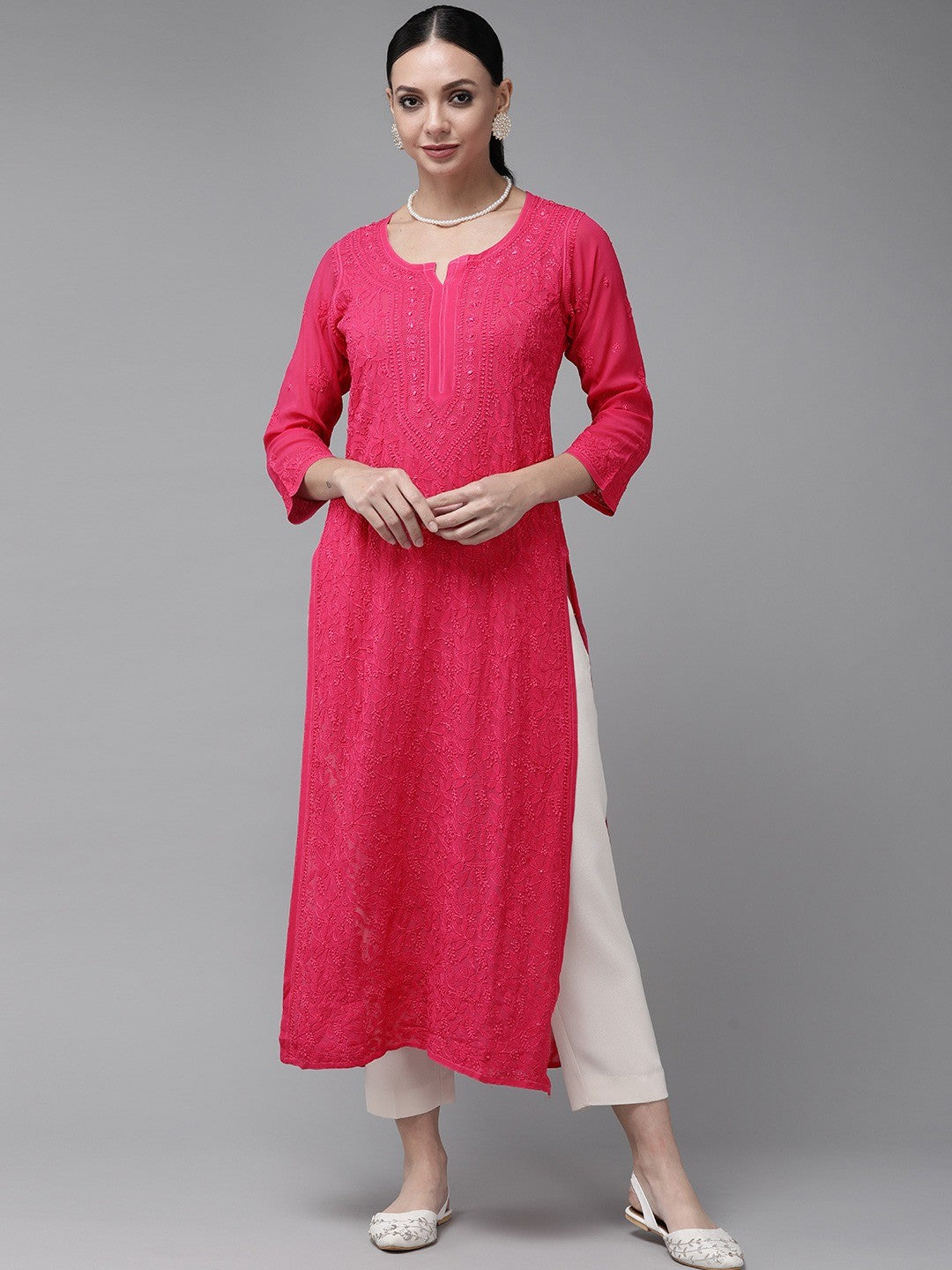 Ada Hand Embroidered Magenta Georgette Lucknowi Chikankari Straight Kurta A411335