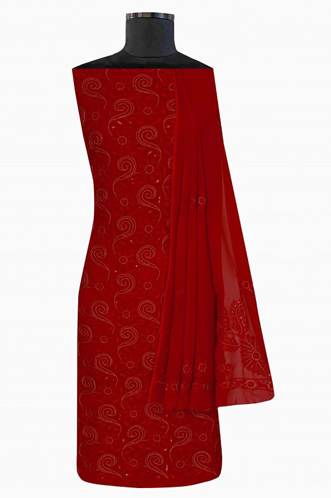Ada Hand Embroidered Red Georgette Lucknowi Chikankari Unstitched Kurta Dupatta Set With Pearl & Sequinned work A611696