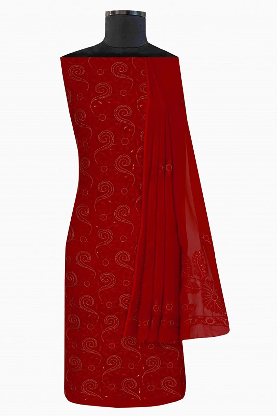 Ada Hand Embroidered Red Georgette Lucknowi Chikankari Unstitched Kurta Dupatta Set With Pearl & Sequinned work A611696