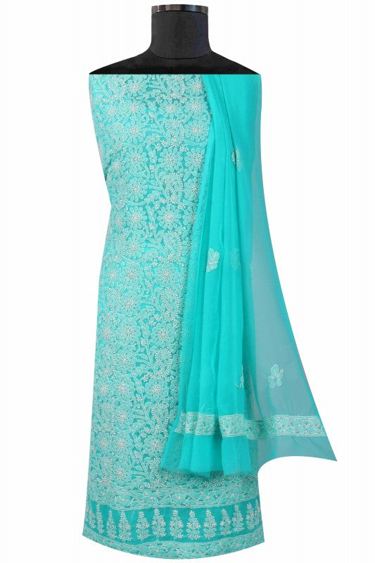 Ada Hand Embroidered Sea Green Georgette Lucknowi Chikan Unstitched Suit Piece A608153