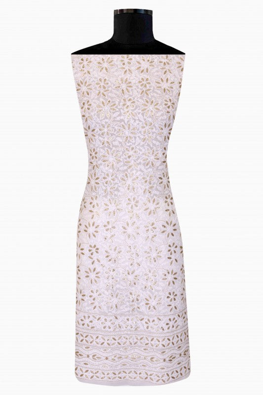 Ada Hand Embroidered White Georgette Lucknowi Chikan Unstitched Kurta Dupatta Set With Gota Patti Work - A618294