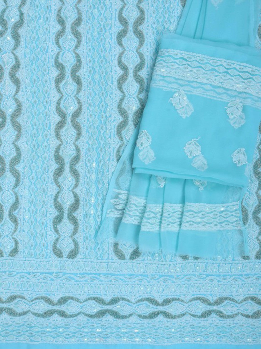 Ada Hand Embroidered Pastel Blue Georgette Lucknowi Chikankari Unstitched Suit Piece With Pearl Work 01A172899