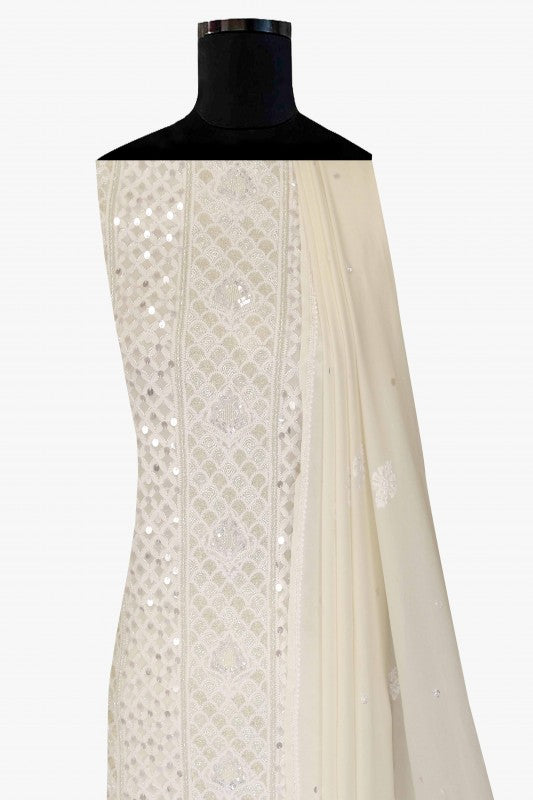 Ada Hand Embroidered White Pure Georgette Lucknowi Chikan Unstitched Kurta Dupatta Set With Pearl & Sequinned Work-01A59013