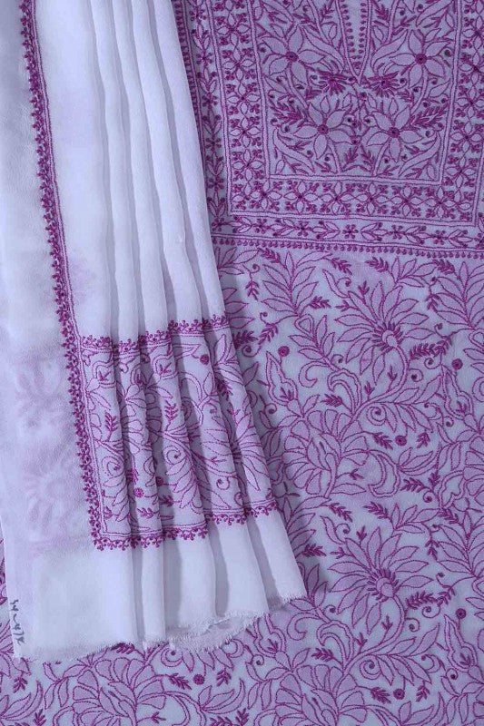Ada Hand Embroidered White Pure Georgette Lucknowi Chikan Unstitched Kurta Dupatta Set A108845