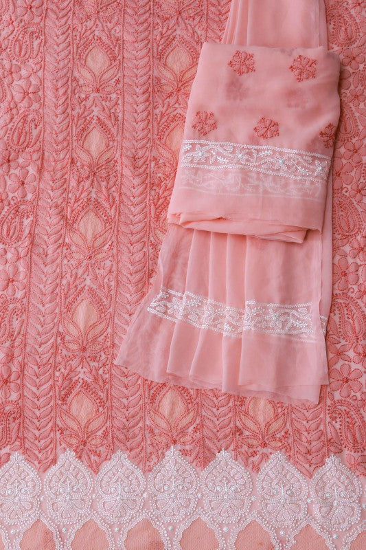Ada Hand Embroidered Peach Georgette Lucknowi Chikankari Unstitched Suit Piece 01A121029