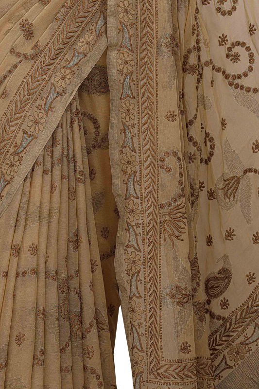 Ada Hand Embroidered Fawn Pure Georgette Lucknowi Chikankari Saree with Blouse A39733