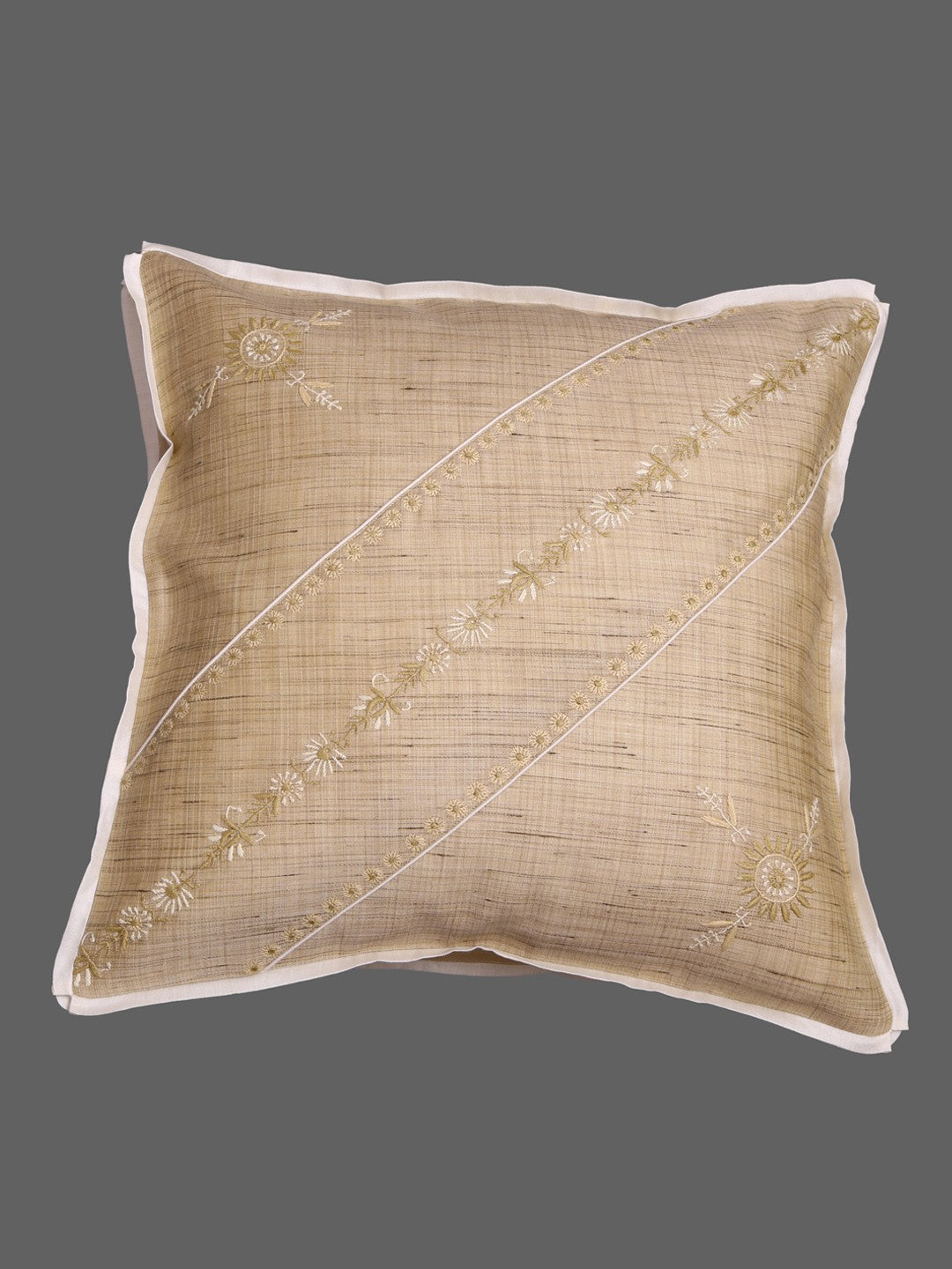 Ada Hand Embroidered Fawn Silk Lucknow Chikankari Cushion Cover A011107