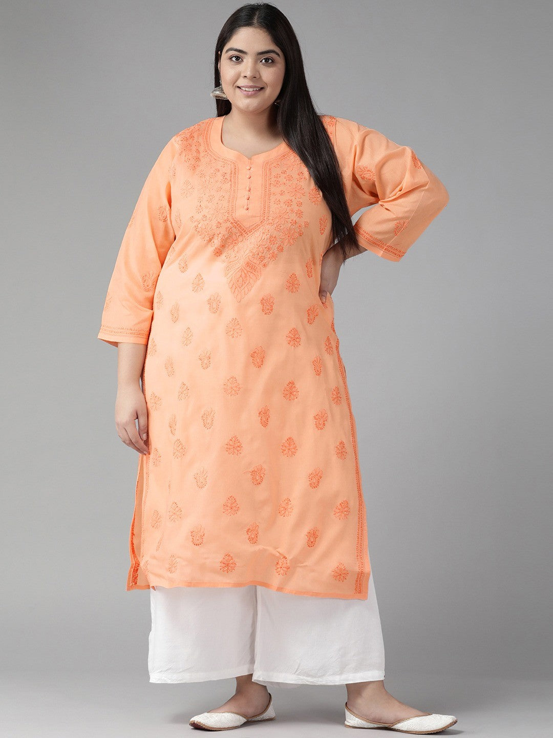 Ada Hand Embroidered Peach Cotton Lucknowi Chikankari Straight Kurta A231406