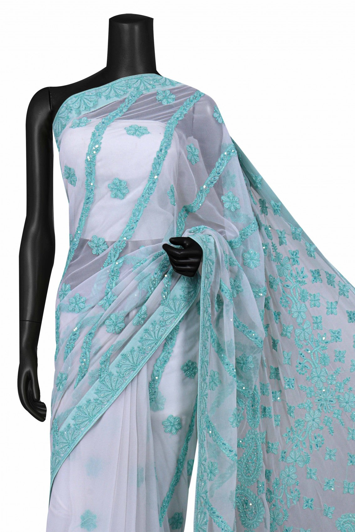 Ada Hand Embroidered White Georgette Lucknowi Chikankari Saree/Blouse With Pearl Work A354465