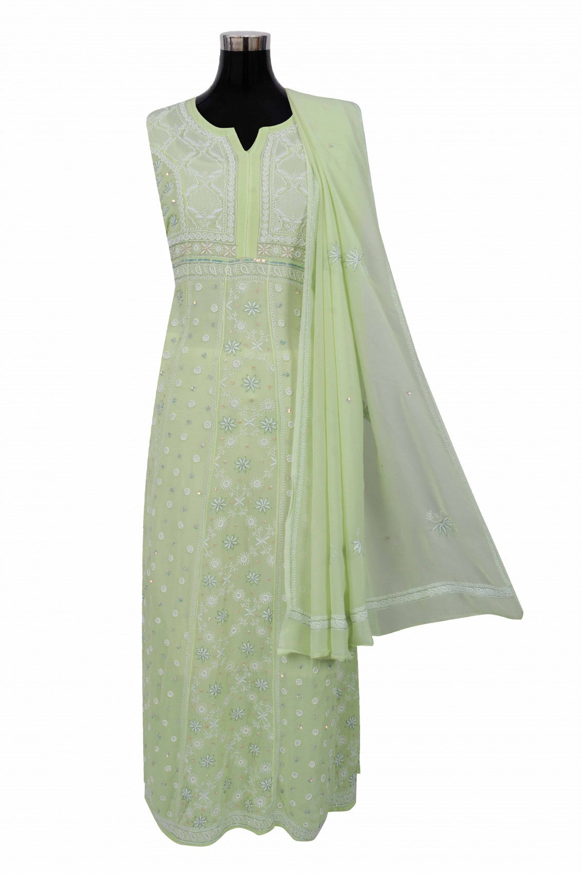 Ada Hand Embroidered Pista Tinge Georgette Lucknowi Chikankari Semi-Stitched Anarkali Kurta Dupatta Set With Pearl Work 01A204834