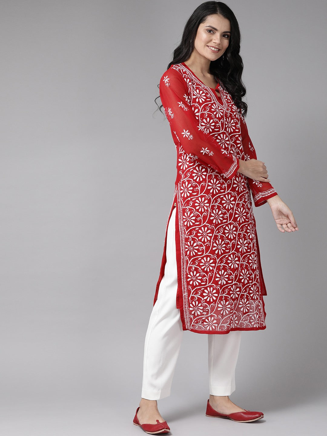 Ada Hand Embroidered Red Georgette Lucknowi Chikankari Straight Kurta with Slip A90361
