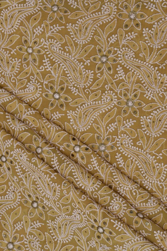 Ada Hand Embroidered Sepia Fawn Pure Georgette Lucknowi Chikan Unstitched Kurta Dupatta Set with Muqaish Work A230565